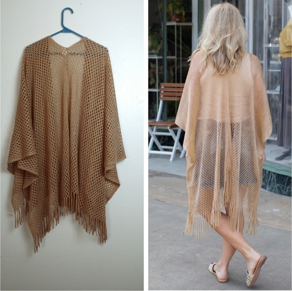 Fringe Poncho Women's 60"×60" Light Weight Tan Metallic Boho Casual - Picture 1 of 8